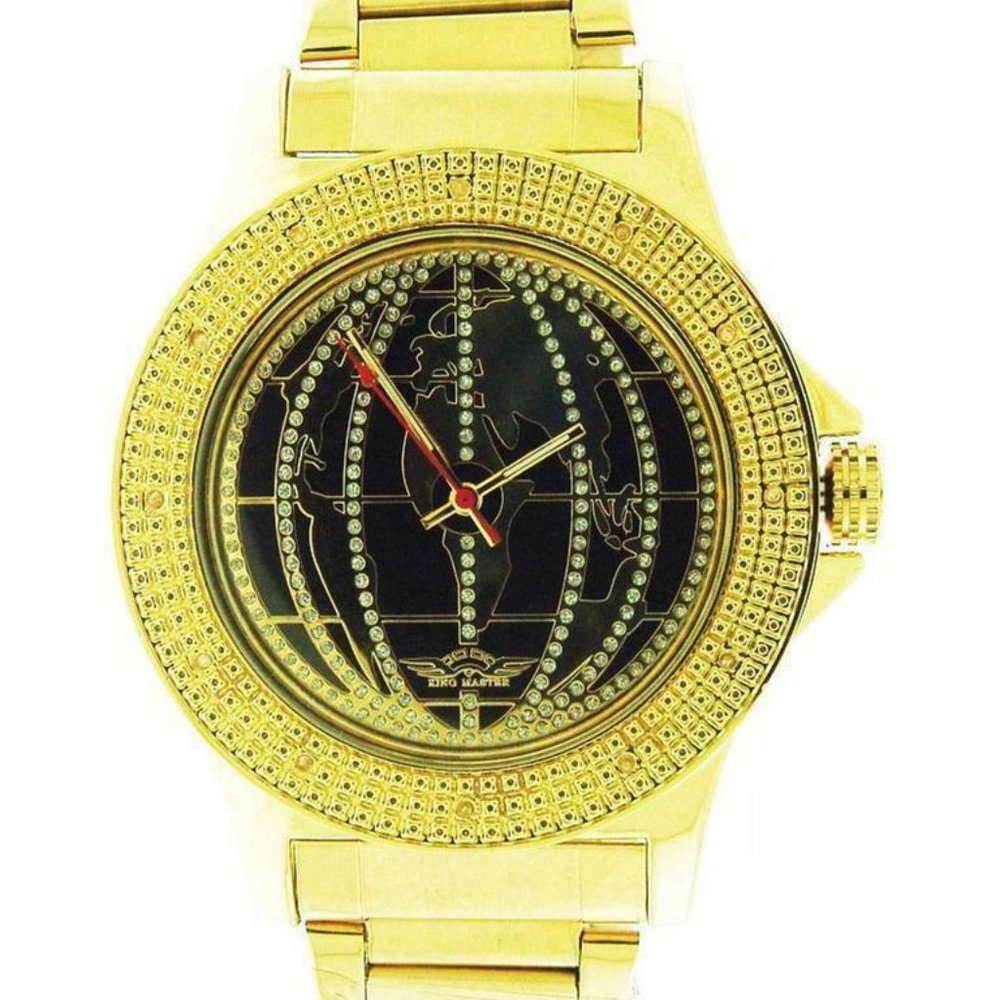 Men King Master Quartz watch yellow gold tone case 12 diamonds Black world map